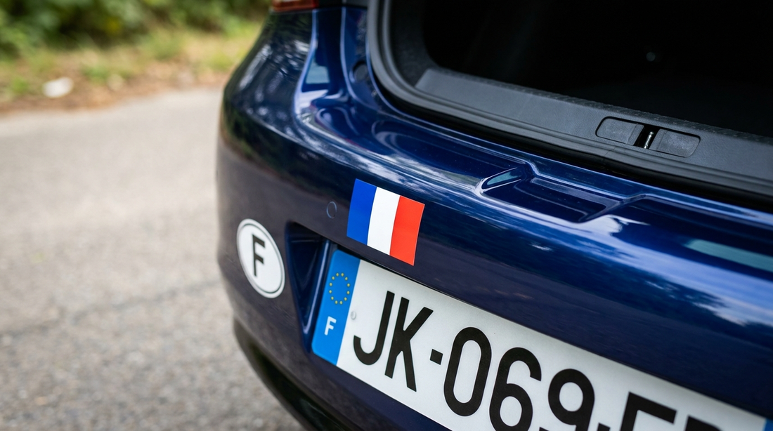 Autocollant drapeau français et ovale F sur la carrosserie d'une voiture, sans gêner la plaque