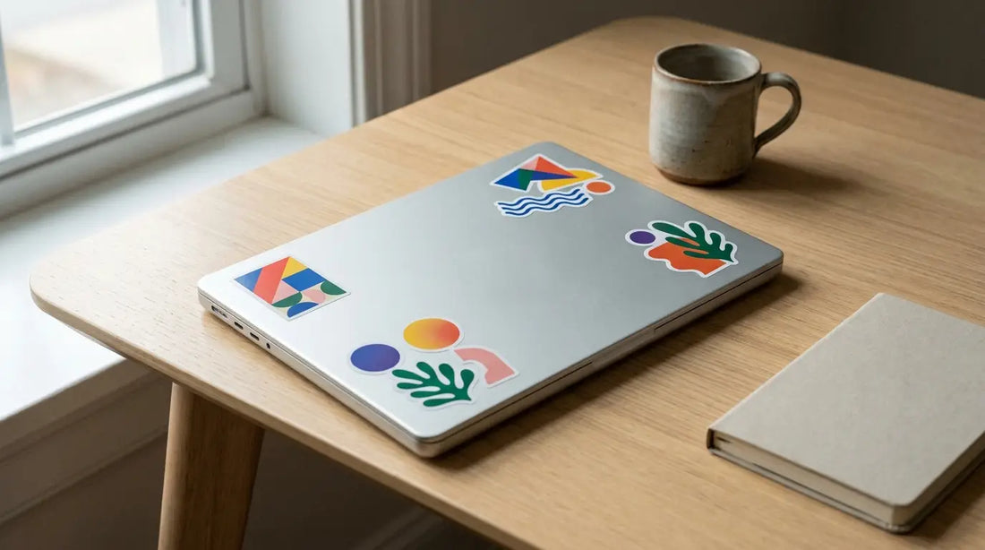 Autocollants à motifs colorés posés sur le capot argenté d'un ordinateur portable, sur un bureau en bois clair