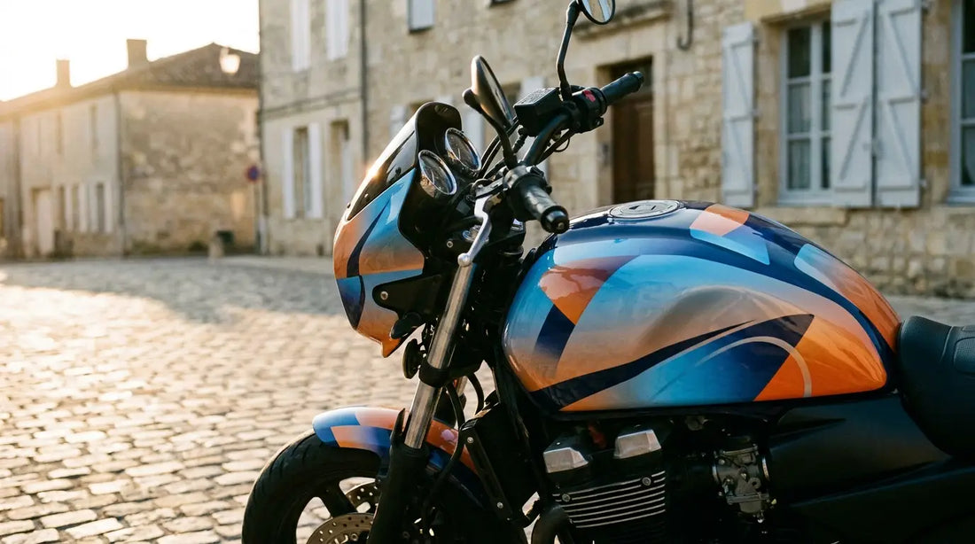Moto de route garée sur une place pavée, réservoir et carénage couverts d'autocollants moto aux motifs graphiques bleu et orange