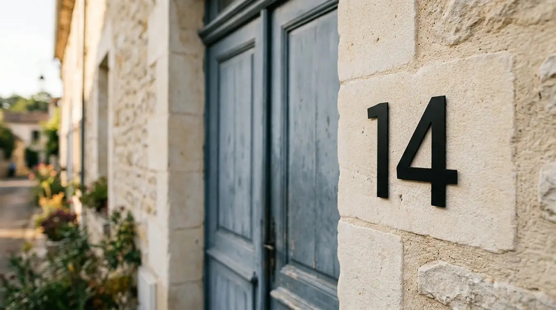 Autocollant numéro maison « 14 » noir mat collé sur la façade en pierre claire d'une maison de village française, à côté d'une porte bleu-gris.