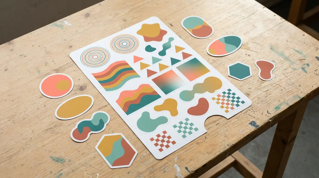 Planche d'autocollants personnalisés aux formes variées et aux motifs abstraits colorés, étalée sur une table d'atelier en bois clair