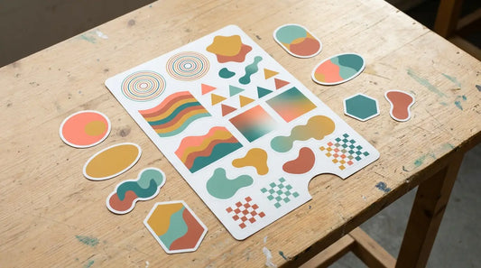 Planche d'autocollants personnalisés aux formes variées et aux motifs abstraits colorés, étalée sur une table d'atelier en bois clair