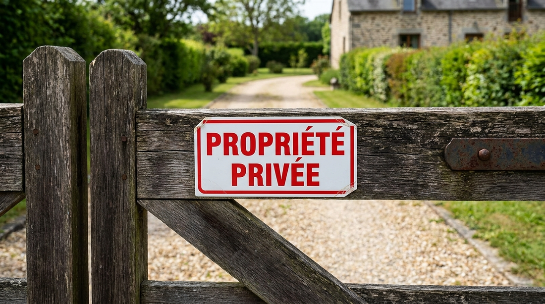 Autocollant Propriété privée rouge et blanc apposé sur un portail en bois à l’entrée d’une propriété