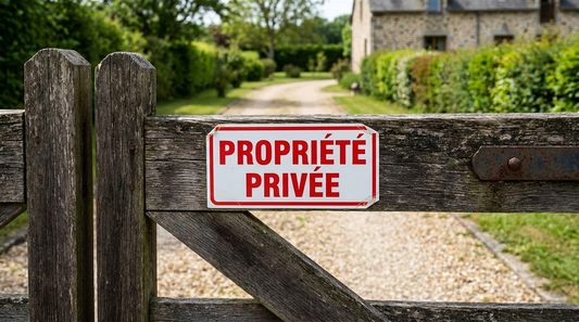 Autocollant Propriété privée rouge et blanc apposé sur un portail en bois à l’entrée d’une propriété