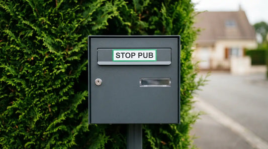 Autocollant « stop pub » collé sur le volet d'une boîte aux lettres française