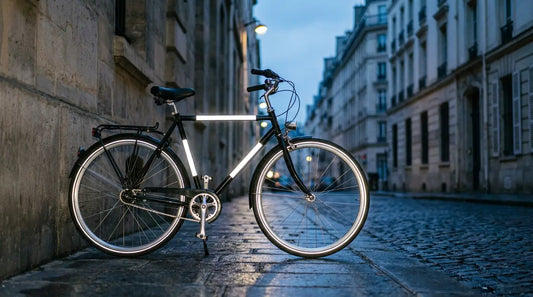 Autocollants vélo rétroréfléchissants posés sur le cadre et les jantes d'un vélo de ville garé dans une rue française à la tombée de la nuit, renvoyant la lumière des phares