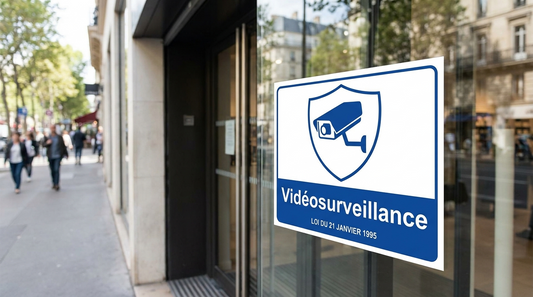 Autocollant Vidéosurveillance avec pictogramme de caméra sur la vitrine d’un commerce