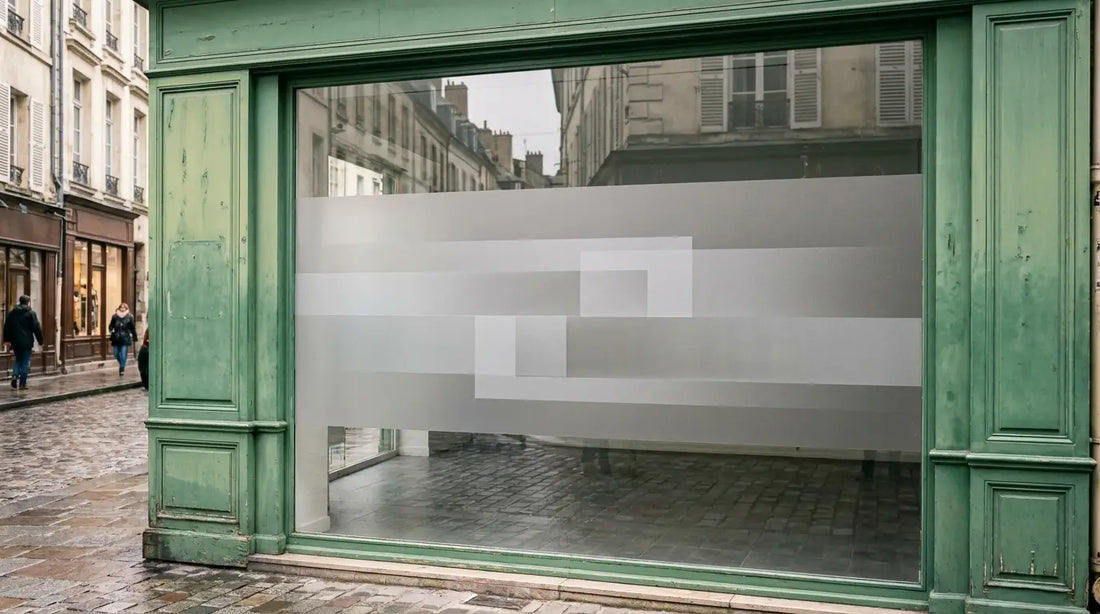 Autocollant vitrine dépoli à motif géométrique posé sur la devanture vitrée d'un commerce de centre-ville