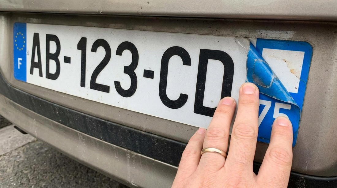 Changer le département sur une plaque d'immatriculation : retrait de l'ancien sticker pour le remplacer