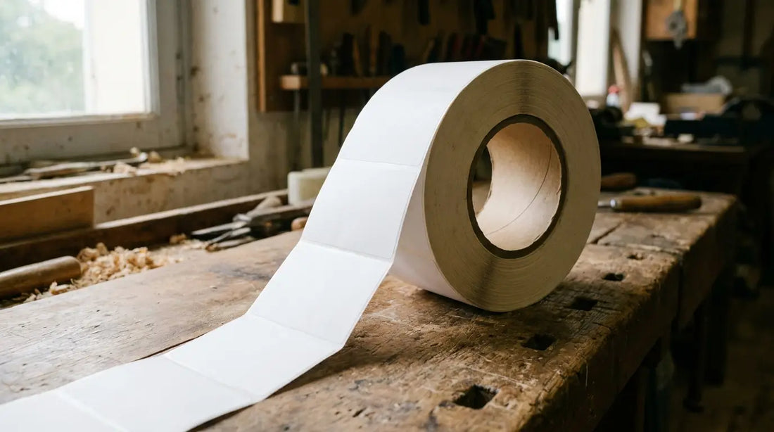 Rouleau d'étiquettes vierges partiellement déroulé sur un établi d'atelier, mandrin en carton visible en bout