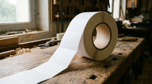 Rouleau d'étiquettes vierges partiellement déroulé sur un établi d'atelier, mandrin en carton visible en bout