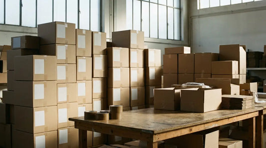 Zone d'expédition d'un entrepôt français, cartons empilés portant des étiquettes et table de préparation de commandes