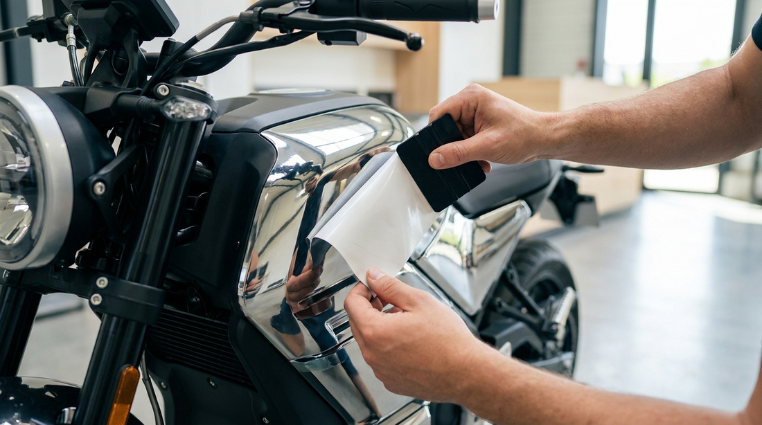 Pose d'un autocollant en vinyle à la raclette sur la carrosserie d'une moto