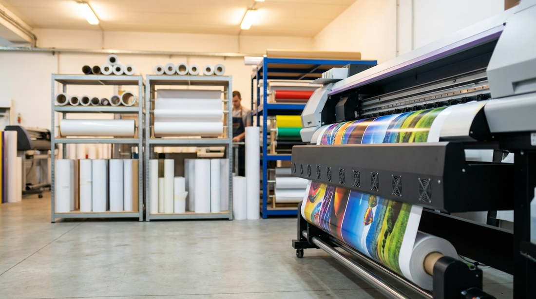Atelier d'impression grand format produisant du vinyle adhésif imprimé