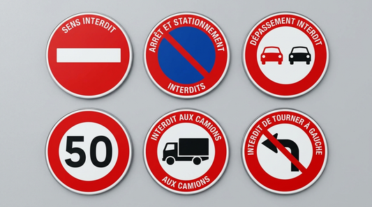 Six panneaux d’interdiction du code de la route : sens interdit, stationnement, dépassement, vitesse, camions, tourner à gauche