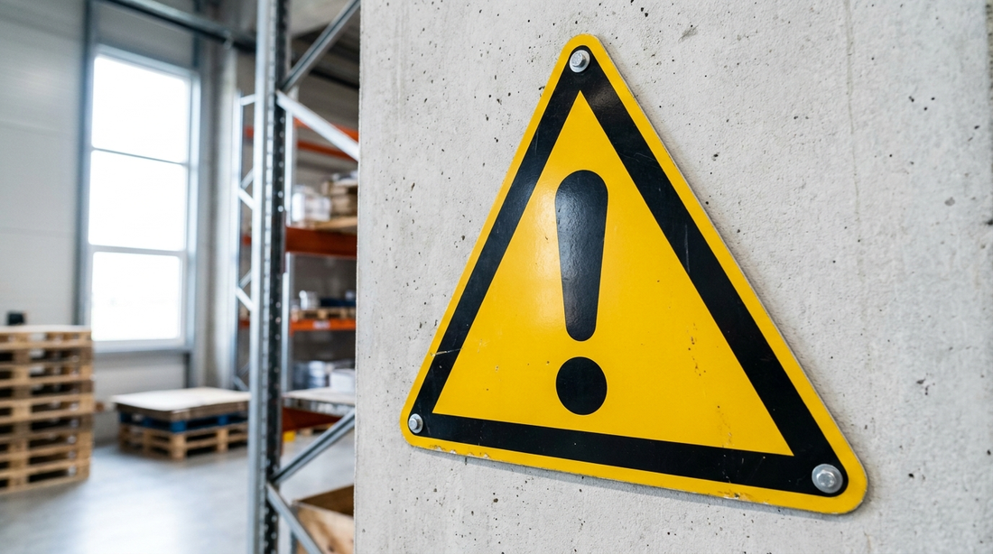 Panneau attention (triangle jaune ISO 7010, danger général) dans un entrepôt