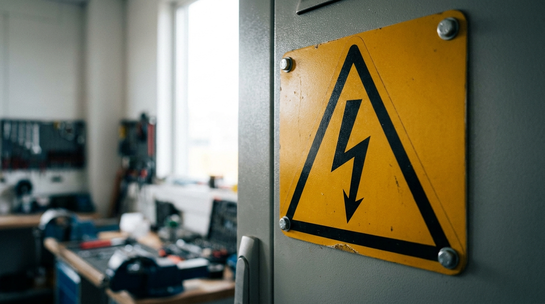 Panneau danger électrique (triangle jaune, éclair) sur une armoire électrique d'atelier