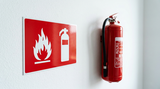 Panneau de signalétique incendie extincteur (pictogramme rouge) à côté d’un extincteur mural