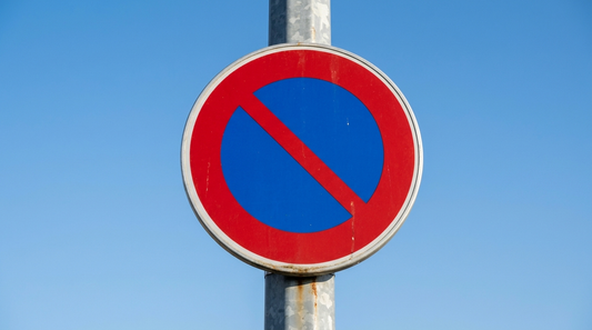 Panneau stationnement interdit : disque bleu bordé de rouge à une diagonale rouge sur un poteau