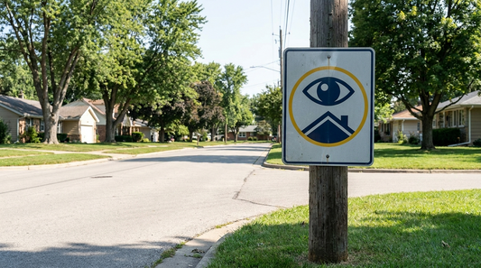 Panneau de surveillance de voisinage (œil et maison) à l’entrée d’une rue résidentielle