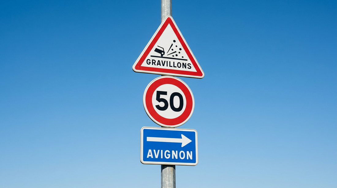 Poteau de signalisation routière : panneau de danger gravillons, limitation de vitesse 50 et panneau d'indication