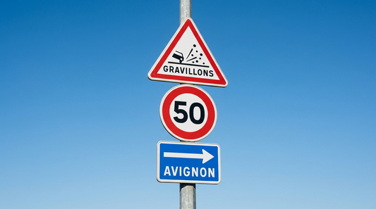 Poteau de signalisation routière : panneau de danger gravillons, limitation de vitesse 50 et panneau d'indication