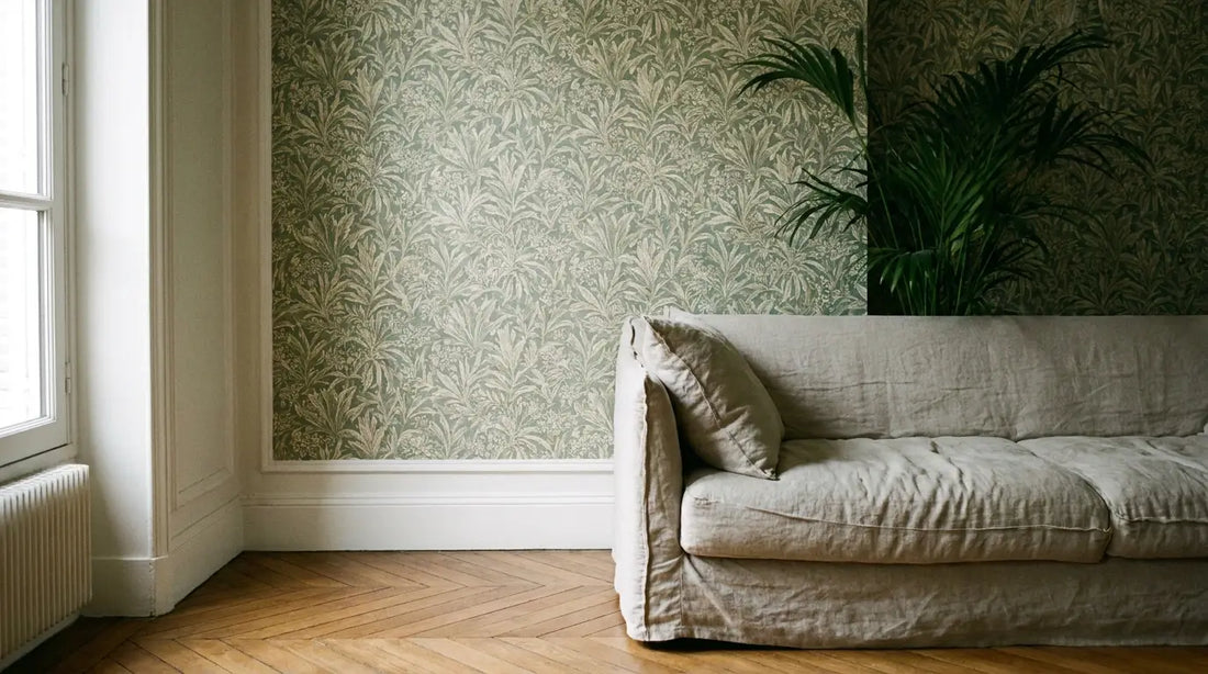 Mur de salon habillé d'un papier peint autocollant à motif végétal vert sauge dans un appartement haussmannien au parquet en point de Hongrie