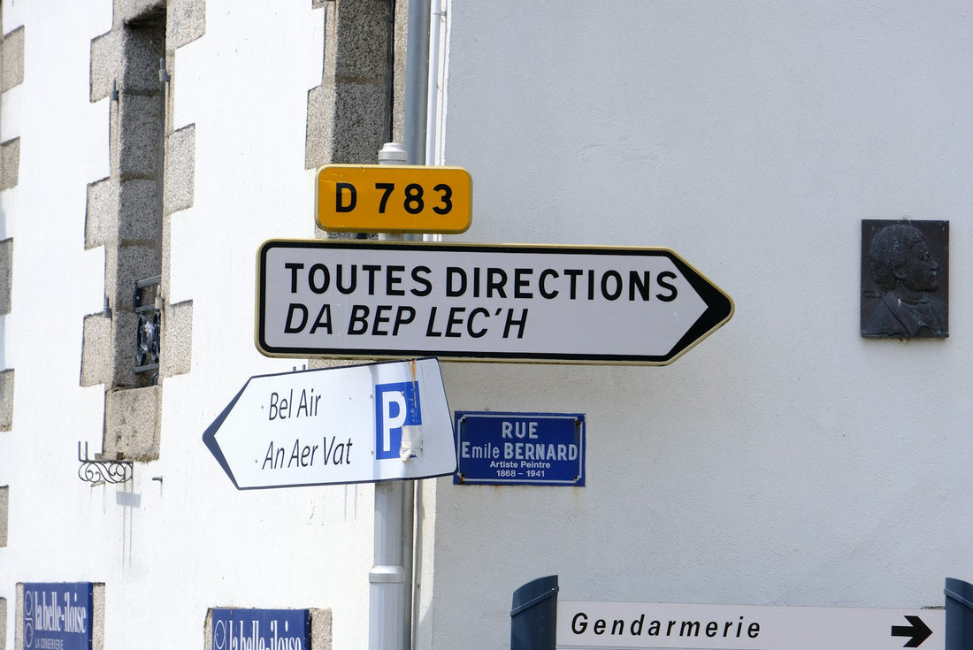 Panneaux de signalisation routière français regroupés sur un même mât, dont un numéro de route départementale