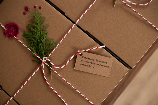 Coffret artisanal en carton kraft fermé d'une ficelle bicolore, d'un cachet de cire et d'une étiquette kraft, avec une branche de cèdre
