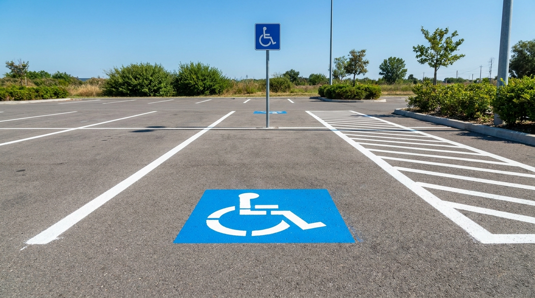 Place de stationnement handicapée : symbole d’accessibilité au sol, panneau vertical et zone de transfert hachurée