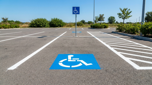Place de stationnement handicapée : symbole d’accessibilité au sol, panneau vertical et zone de transfert hachurée