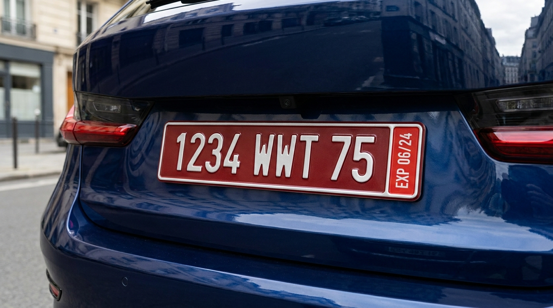 Plaque d'immatriculation rouge de transit temporaire (TT) à l'arrière d'une voiture