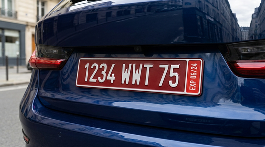Plaque d'immatriculation rouge de transit temporaire (TT) à l'arrière d'une voiture