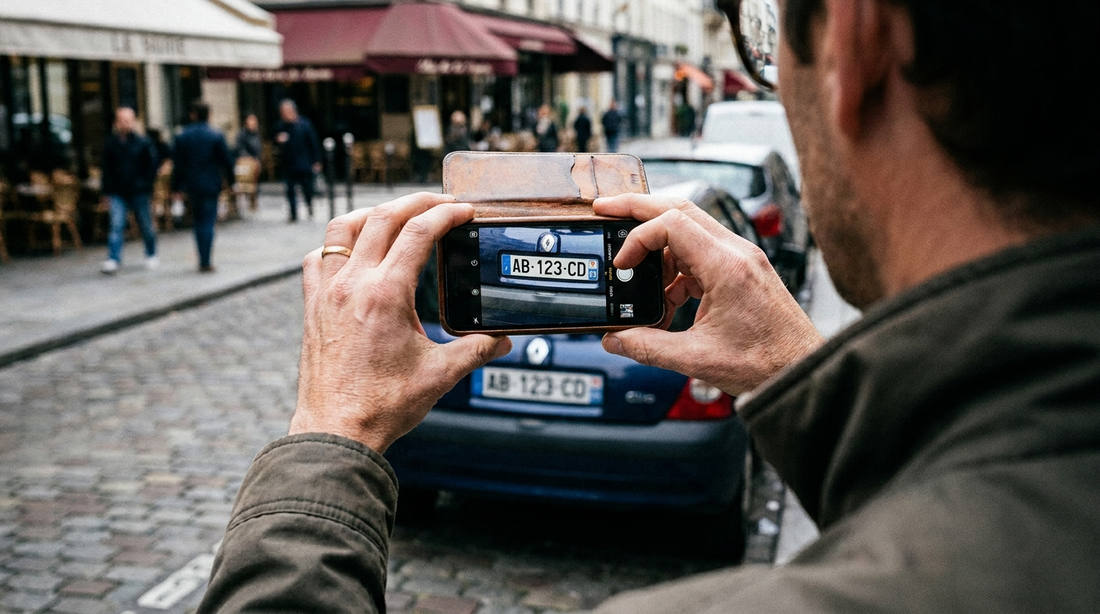 Personne photographiant la plaque d'immatriculation d'une voiture avec un smartphone dans la rue