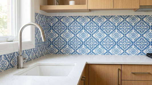 Crédence de cuisine relookée avec des stickers carrelage à motifs bleus et blancs façon carreaux de ciment