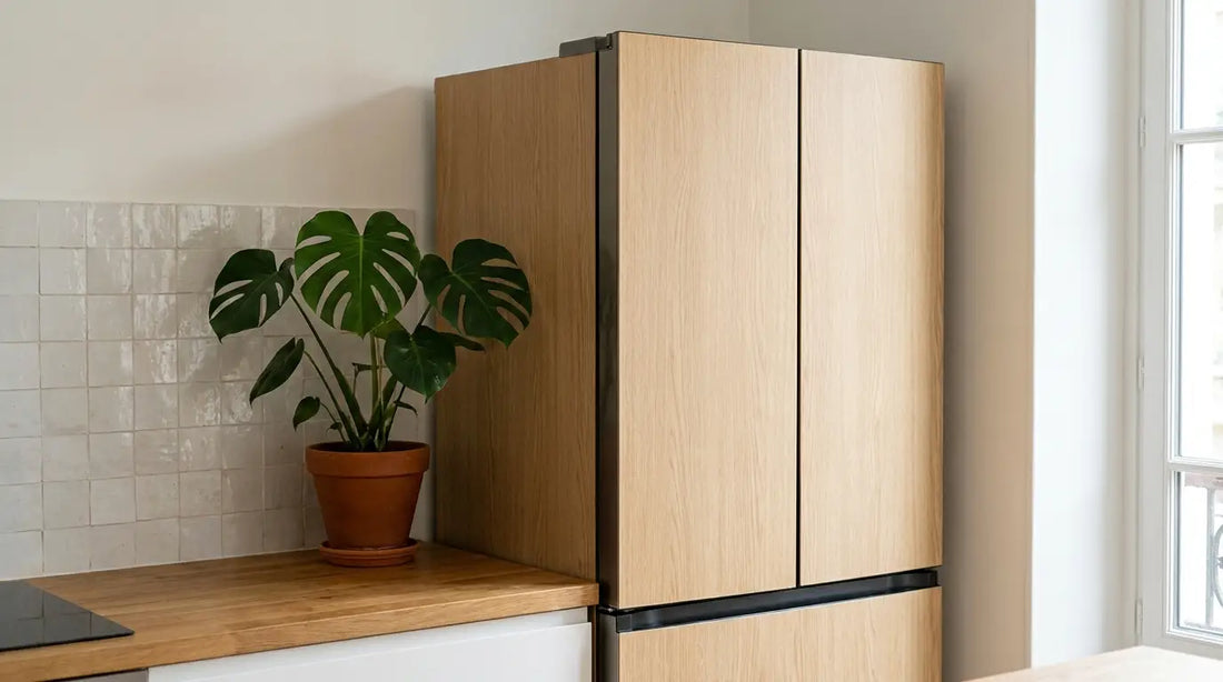 Réfrigérateur entièrement habillé d'un sticker frigo en vinyle adhésif effet bois clair dans une cuisine française lumineuse
