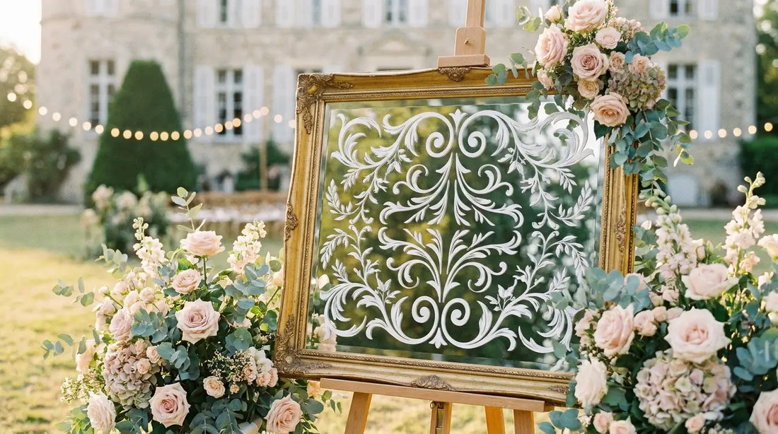 Miroir ancien à cadre doré sur un chevalet, orné d'un sticker mariage personnalisé en vinyle blanc à arabesques et feuillages, entouré de fleurs pastel dans un jardin au coucher du soleil