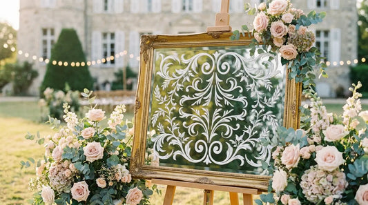 Miroir ancien à cadre doré sur un chevalet, orné d'un sticker mariage personnalisé en vinyle blanc à arabesques et feuillages, entouré de fleurs pastel dans un jardin au coucher du soleil