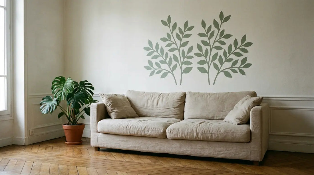 Sticker mural à motif végétal vert sauge posé au-dessus d'un canapé en lin, dans un salon lumineux au parquet en point de Hongrie.