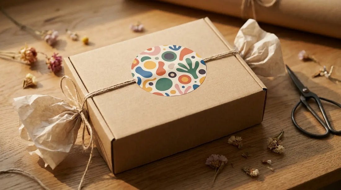 Sticker packaging rond à motif abstrait fermant un colis en carton kraft sur une table d'atelier