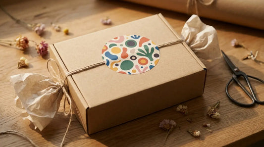 Sticker packaging rond à motif abstrait fermant un colis en carton kraft sur une table d'atelier