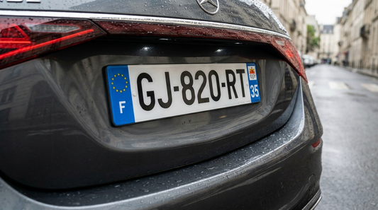 Plaque d'immatriculation française avec sticker département sur la bande d'identifiant territorial