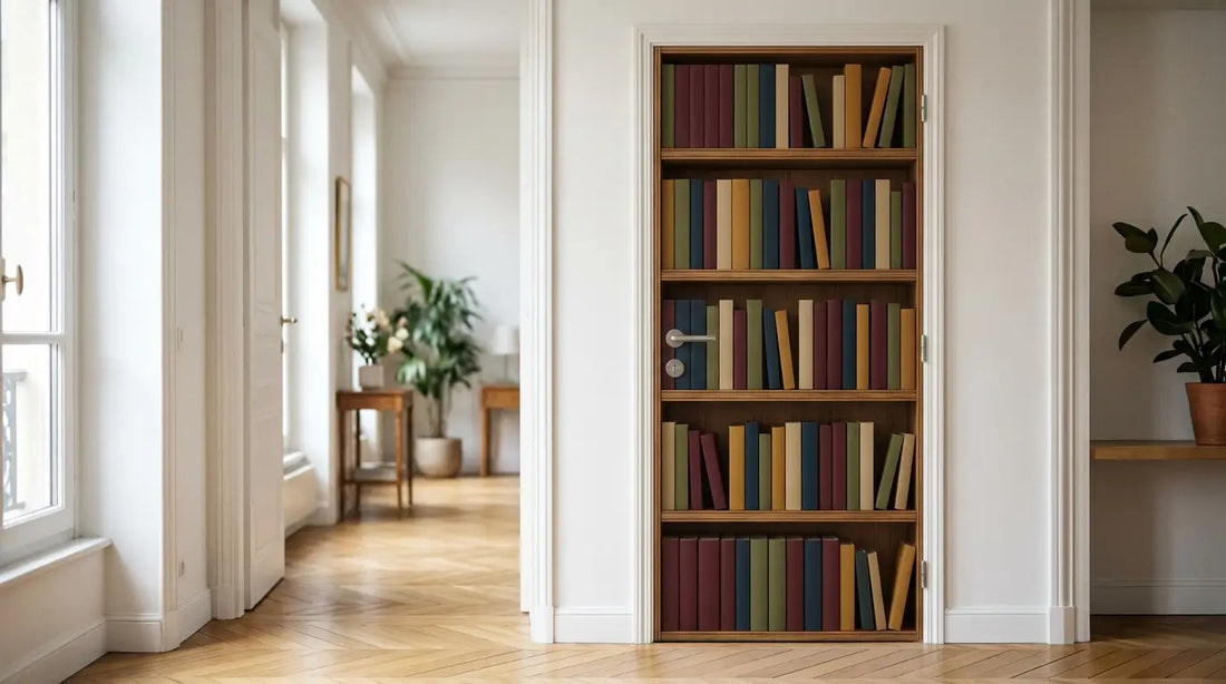 Sticker porte en trompe-l'œil imitant une bibliothèque garnie de livres, posé sur une porte intérieure dans un couloir clair au parquet en point de Hongrie