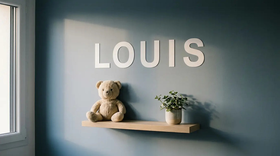 Sticker prénom en lettrage adhésif blanc posé sur le mur bleu d'une chambre d'enfant, au-dessus d'une étagère en bois clair