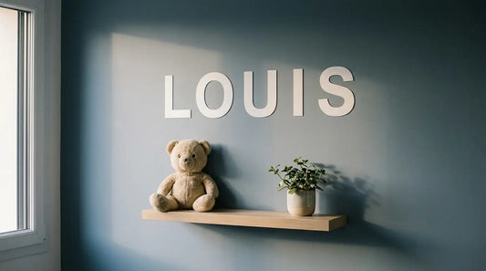 Sticker prénom en lettrage adhésif blanc posé sur le mur bleu d'une chambre d'enfant, au-dessus d'une étagère en bois clair