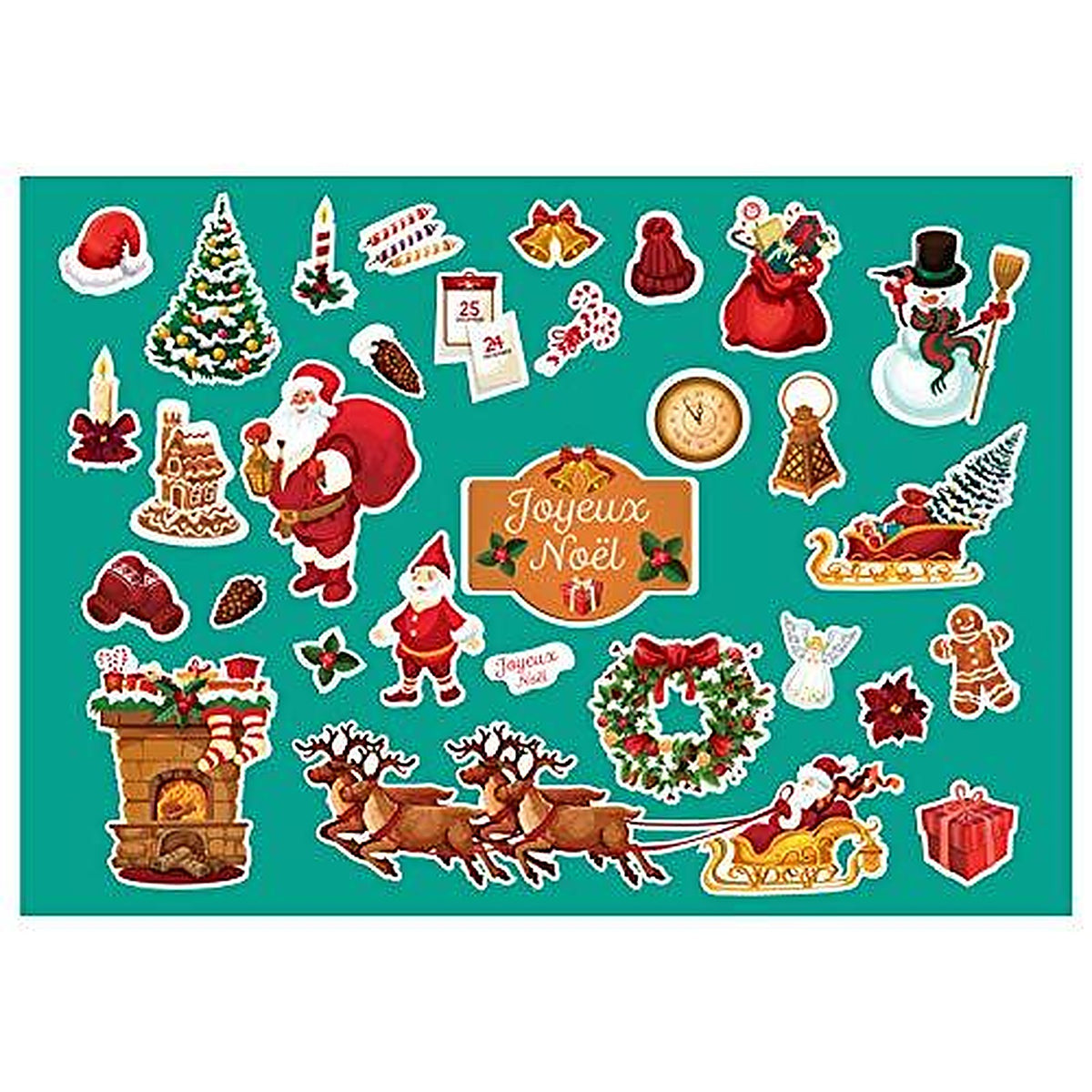 SupStick Planche de Stickers Autocollants Noël - Format A4 - Père Noel, Sapin, Traineau - 32 Stickers pour Les fêtes de 
