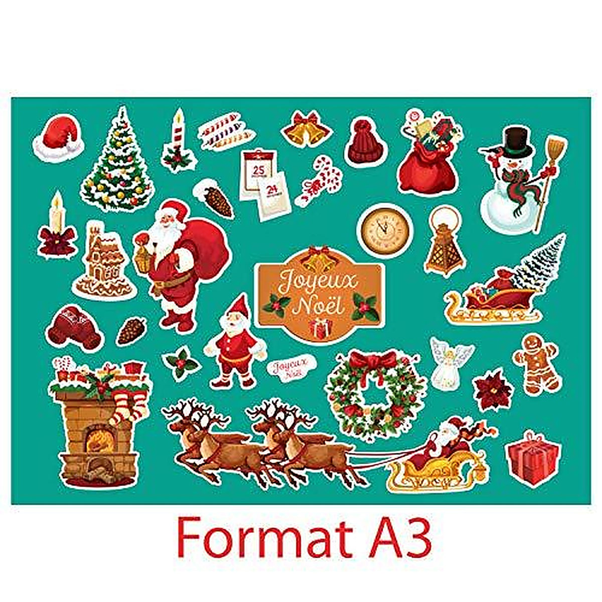 SupStick Planche de Stickers Autocollants Noël - Format A3 - Père Noel, Sapin, Traineau - 32 Stickers pour Les fêtes de 