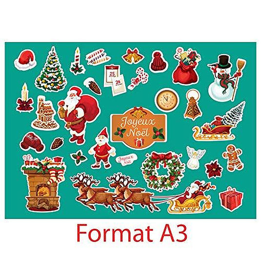 SupStick Planche de Stickers Autocollants Noël - Format A3 - Père Noel, Sapin, Traineau - 32 Stickers pour Les fêtes de 