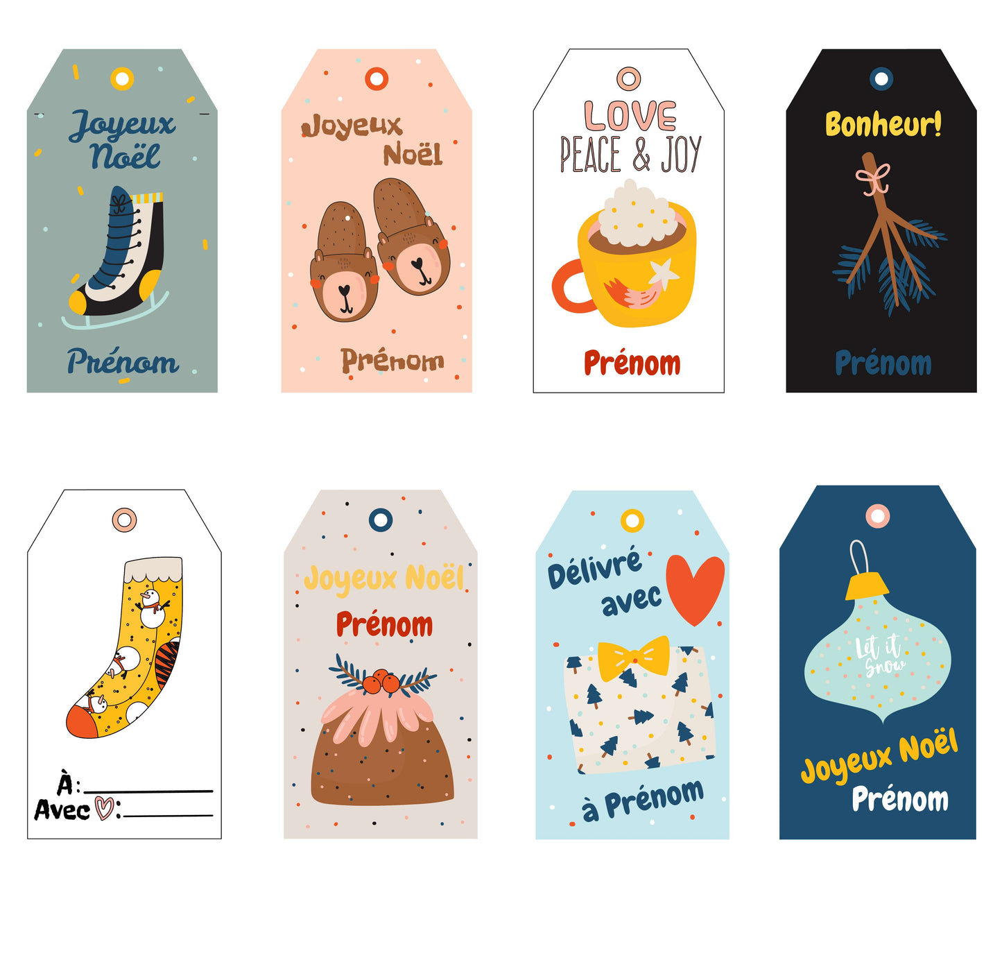 Noël Etiquettes cadeaux - Motifs Noël et Joyeux Noël. Lot de 8 à personnaliser