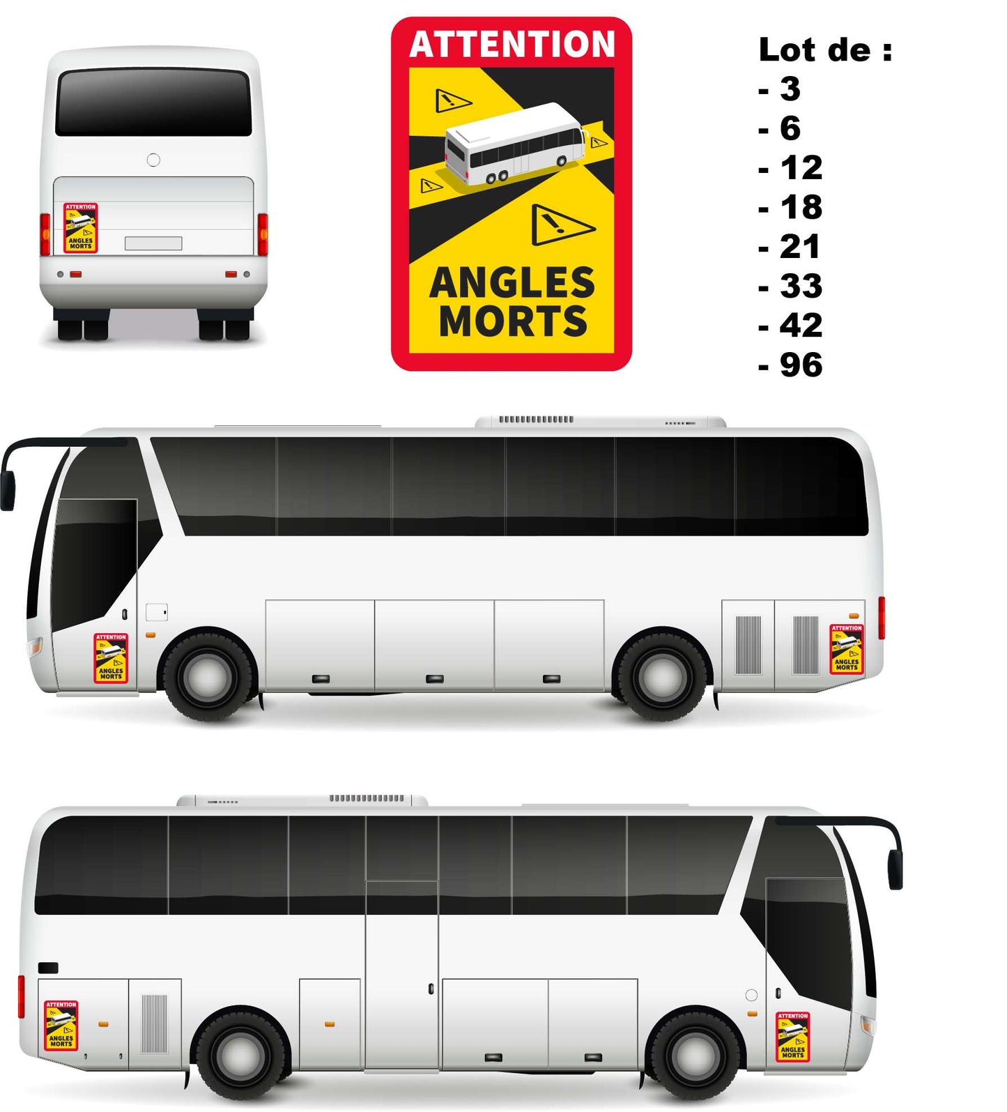 Lot de 3 Angles Morts spécial pour les Bus - Autocollants Stickers Véhicule Attention Fabriqué en France